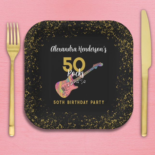 50 Rocks Pink Gold Black 50th Birthday Party Paper Plate (50 Rocks pink black gold glitter rock and roll 50th birthday party personalized square paper plate)