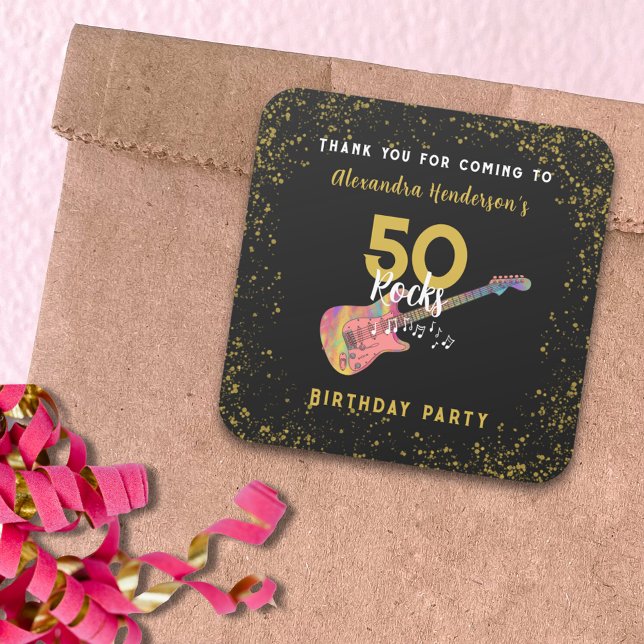50 Rocks Pink Guitar 50th Birthday Party Thank You Square Sticker (50 Rocks pink guitar black and gold glitter 50th birthday party thank you favor bag sticker)