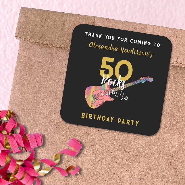 50 Rocks Pink Guitar 50th Birthday Party Thank You Square Sticker (50 Rocks funky pink guitar gold and black custom 50th birthday party thank you sticker)
