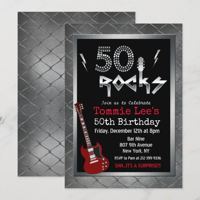 50 Rocks Rockstar Guitar 50th Birthday Invitation (Front/Back)
