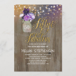 50 Rustic Birthday - Purple Flowers Mason Jar Gold Invitation