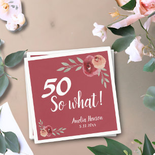 50 So what Red Watercolor Rose 50th Birthday Napkin