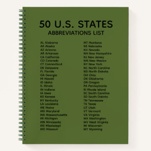 50 States Abbreviations List – Olive Green Lined Notebook
