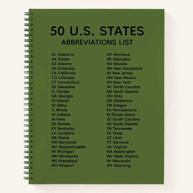 50 States Abbreviations List – Olive Green Lined Notebook (Front)