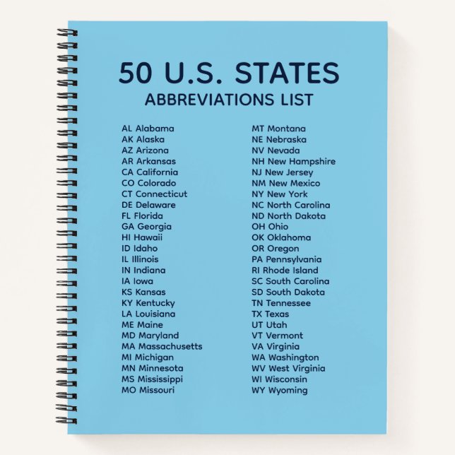 50 States Abbreviations List – Sky Blue Notebook (Front)