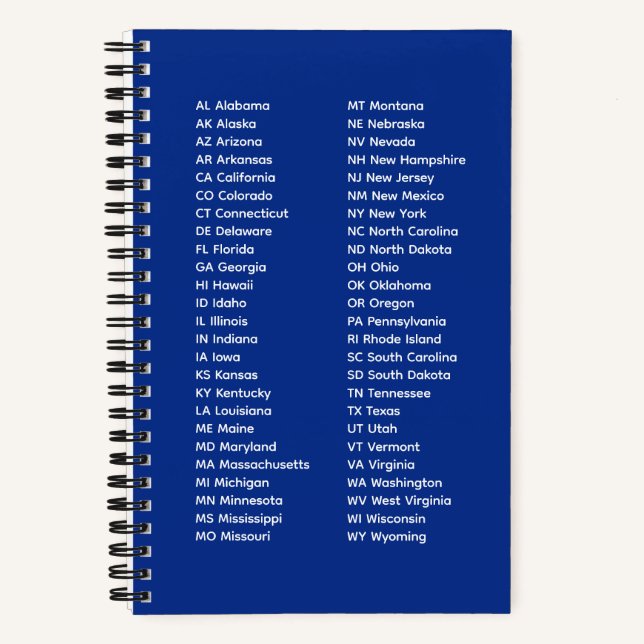 50 States Alphabetical Order Royal Blue Notebook (Front)