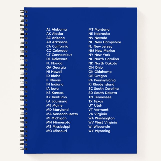 50 States Alphabetical Order – Royal Blue Notebook (Front)