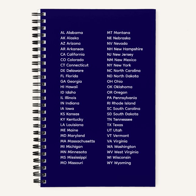 50 States List 2 Column – Blue Spiral Notebook (Front)