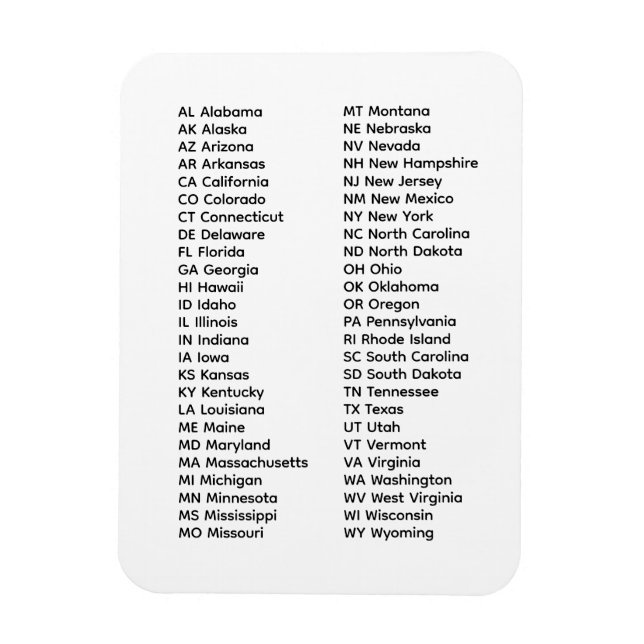 50 States List Alphabetical Order Magnet (Vertical)