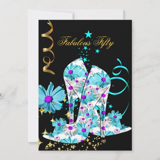 50 Teal Purple Floral Black Gold Birthday Party Invitation (Front)