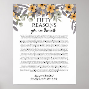 50 things we love about you silver yellow flowers poster