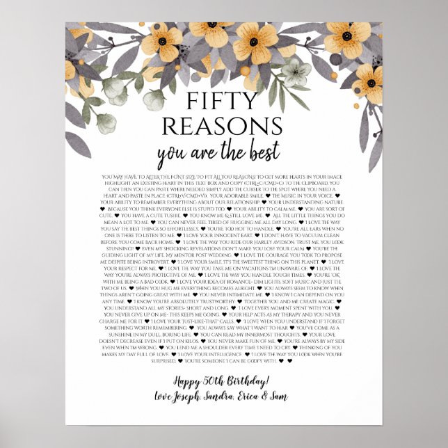 50 things we love about you silver yellow flowers poster (Front)