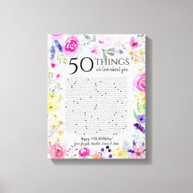 50 things we love about you watercolor flowers mum canvas print (Front)