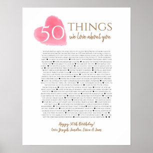 50 things we love about you watercolor heart mom poster