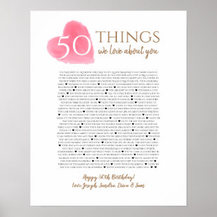 50 things we love about you watercolor heart mom poster