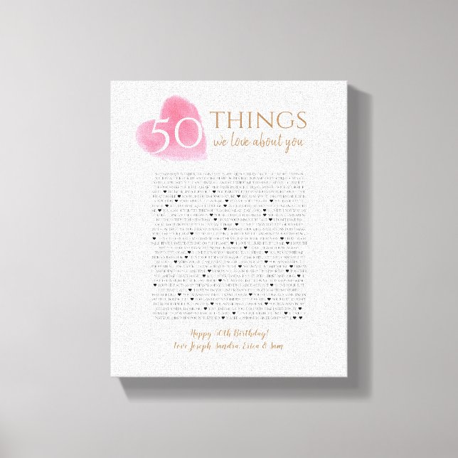 50 things we love about you watercolor heart mum canvas print (Front)