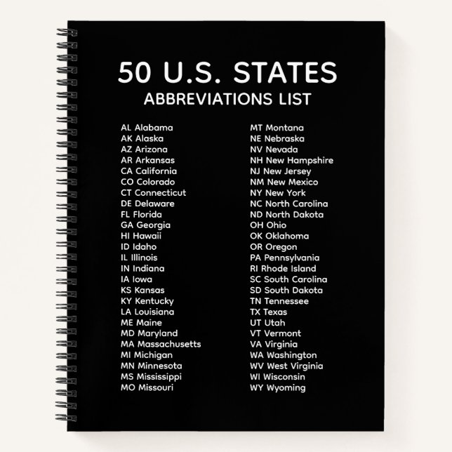 50 U.S. States Abbreviations List – Black Notebook (Front)