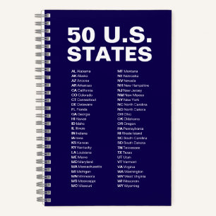 50 U.S. States Abbreviations List - Dark Blue Notebook