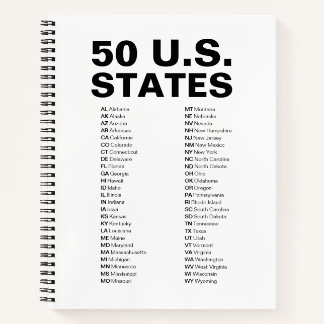 50 U.S. States – Abbreviations List Spiral Notebook (Front)
