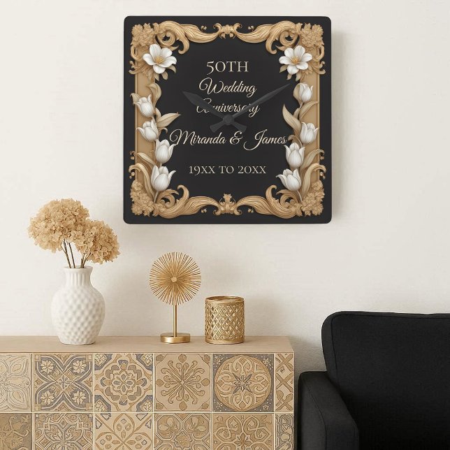 50 Wedding Anniversary Baroque Elegant Tulip Frame Square Wall Clock (50 Wedding Anniversary Baroque Elegant Tulip Frame Square Wall Clock)