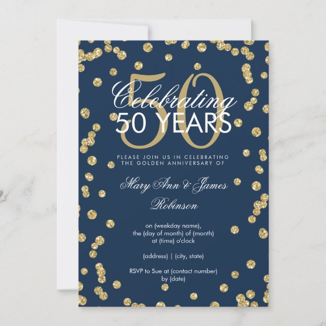 50 Wedding Anniversary Gold Glitter Confetti Navy Invitation (Front)