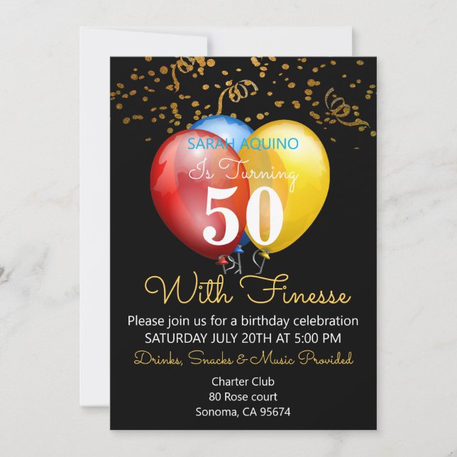 50 With Finesse Confetti & Balloons Black Birthday Invitation (Front)