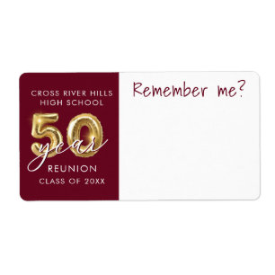 50 Year Class Reunion Maroon Name Tag Remember Me
