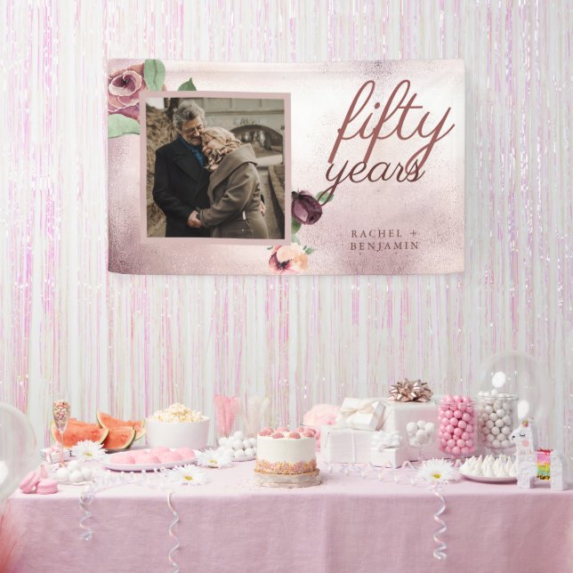 50 Year Wedding Anniversary Rose Gold Floral Banner (Party)
