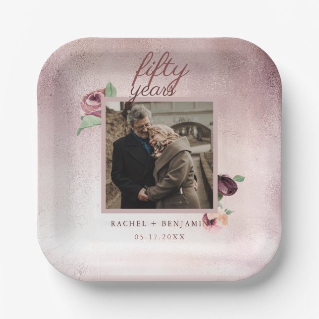 50 Year Wedding Anniversary Rose Gold Floral Paper Plate (Front)