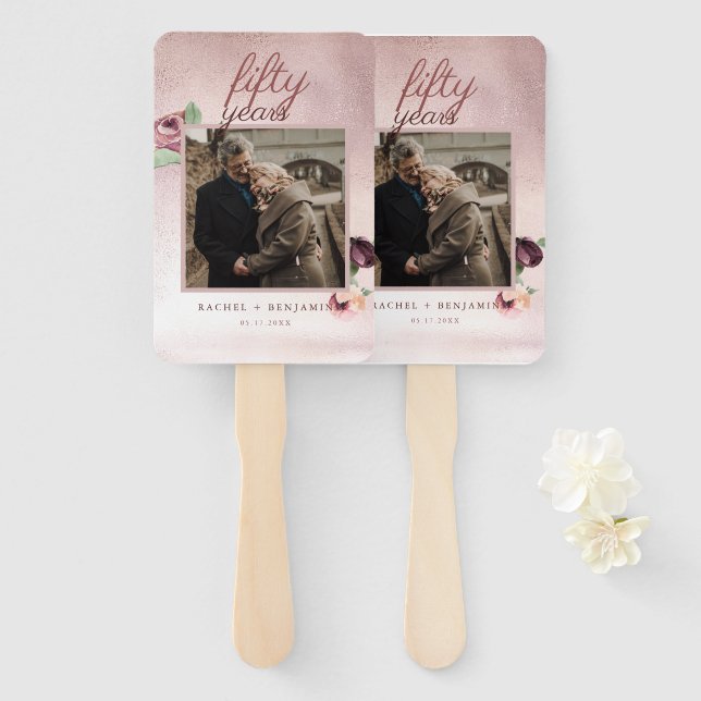 50 Year Wedding Anniversary Rose Gold Glitter  Hand Fan (Front and Back)