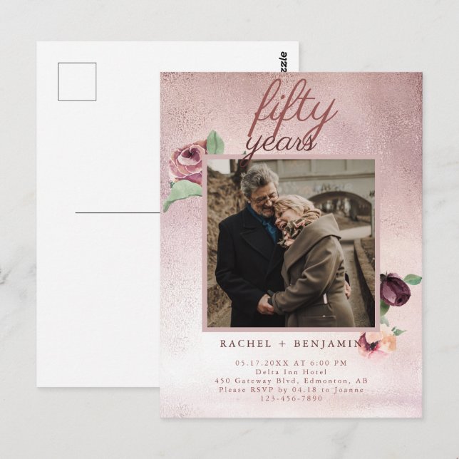 50 Year Wedding Anniversary Rose Gold Glitter  Inv Postcard (Front/Back)