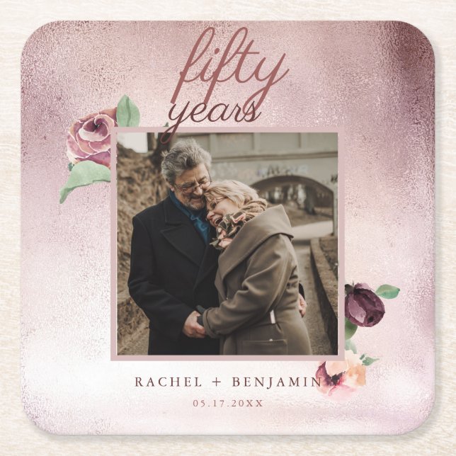 50 Year Wedding Anniversary Rose Gold Glitter  Square Paper Coaster (Front)