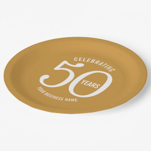 50 years corporate anniversary party gold coloured paper plate (Angled)