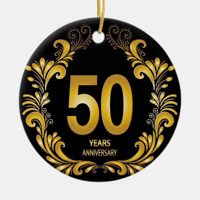50 Years Gold Glitter Anniversary Ceramic Tree Decoration (Front)