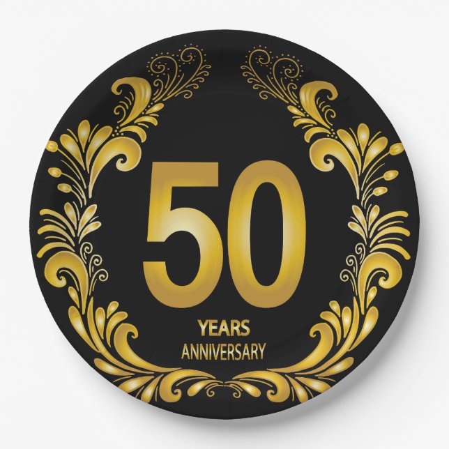 50 Years Gold Glitter Anniversary Paper Plate (Front)