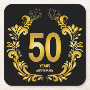 50 Years Gold Glitter Anniversary Square Paper Coaster