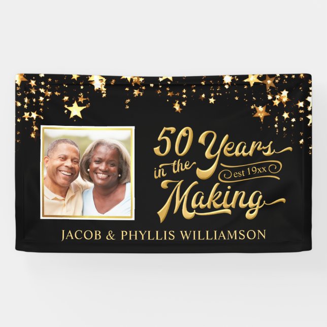 50 YEARS Golden Anniversary Photo Black Gold Stars Banner (Horizontal)