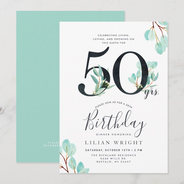 50 Years Growing | 50th Birthday | Eucalyptus Invitation (Front/Back)