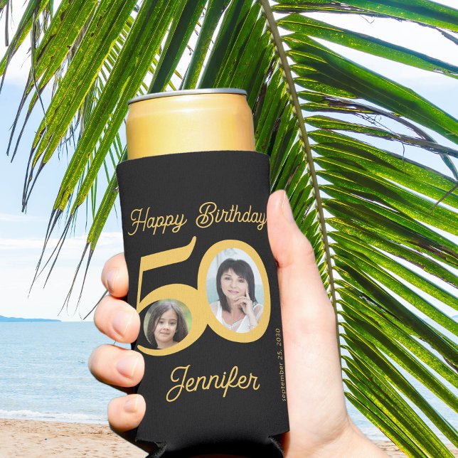 50 years Happy Birthday gold black 2 photos name Seltzer Can Cooler (Creator Uploaded)