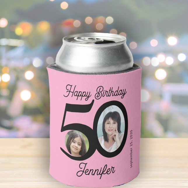 50 years Happy Birthday pink black 2 photos name Can Cooler (Creator Uploaded)