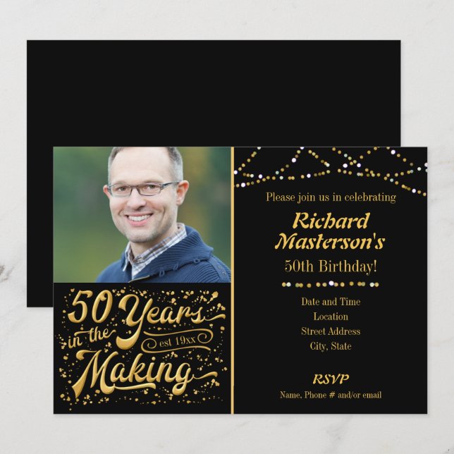 50 Years in the Making Black & Gold 50th Birthday Invitation (Front/Back)
