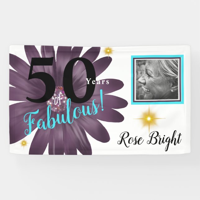 50 years of Fabulous,  purple daisy on white Banner (Horizontal)