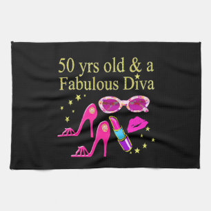 50 YEARS OLD AND A FABULOUS DIVA DESIGN TEA TOWEL