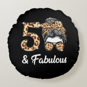50 Years Old Fabulous Messy Bun Leopard 50th Birth Round Cushion