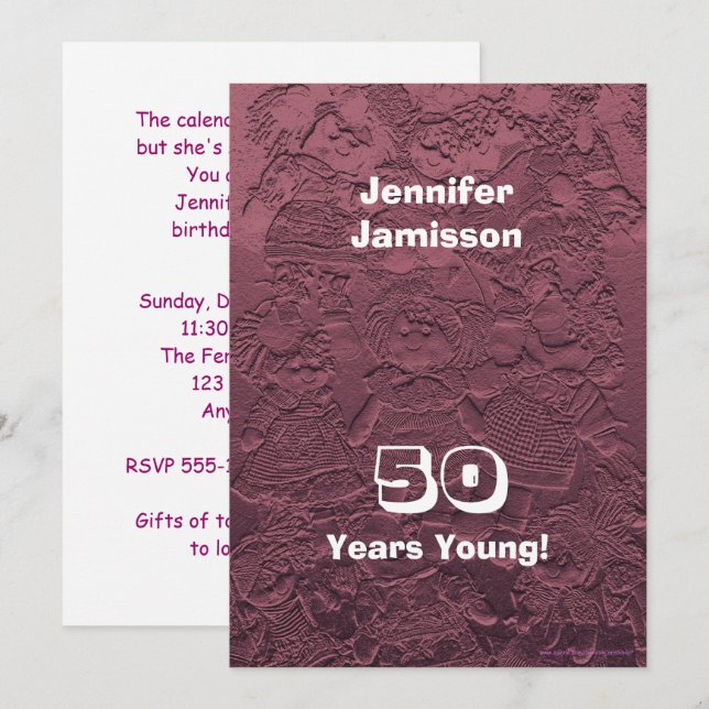 50 Years Young Birthday Party Pink Rag Doll Invitation (Front/Back)