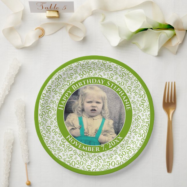 50 Your Photo Random Number Pattern Green/White Paper Plate (Wedding)