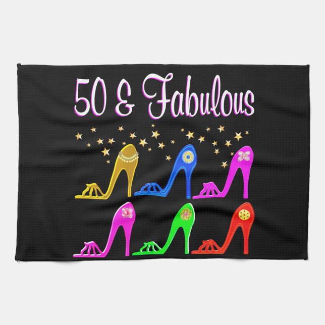 50 YR OLD STILETTO QUEEN TEA TOWEL (Horizontal)