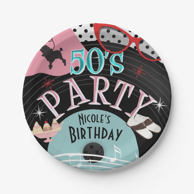 50's 1950's Record Theme Birthday Party Custom Paper Plate (Front)