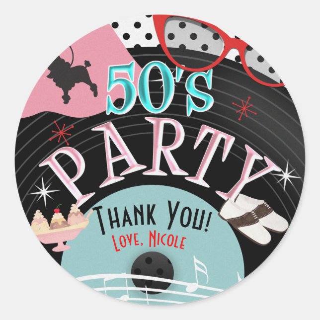 50's 1950's Record Theme Party Custom Favour Classic Round Sticker (Front)