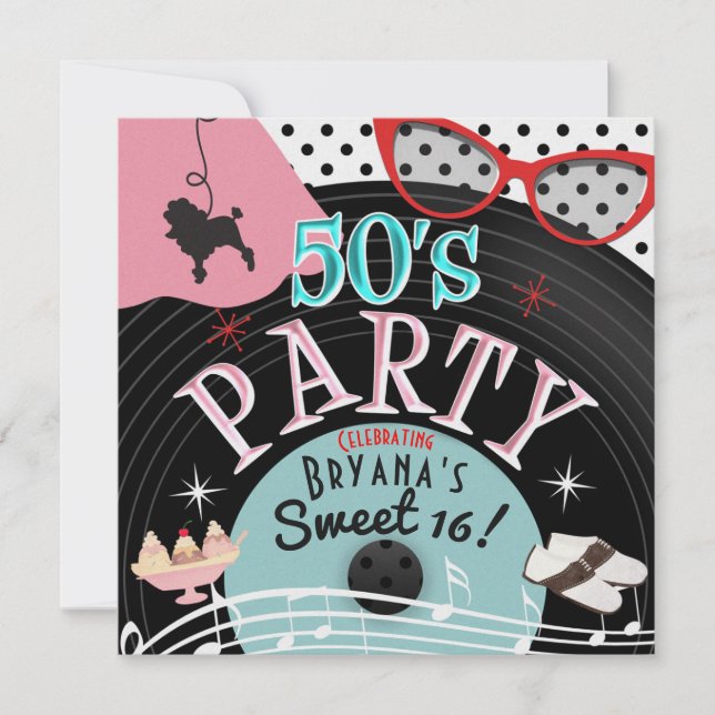 50's 1950's Record Theme Party Invitations (Front)